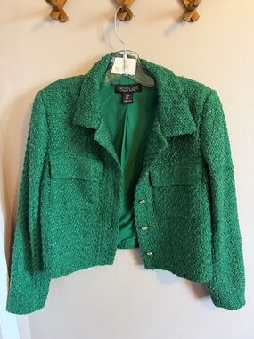 Rachel Zoe Green Tweed Bouclé Button Front Jacket Size S